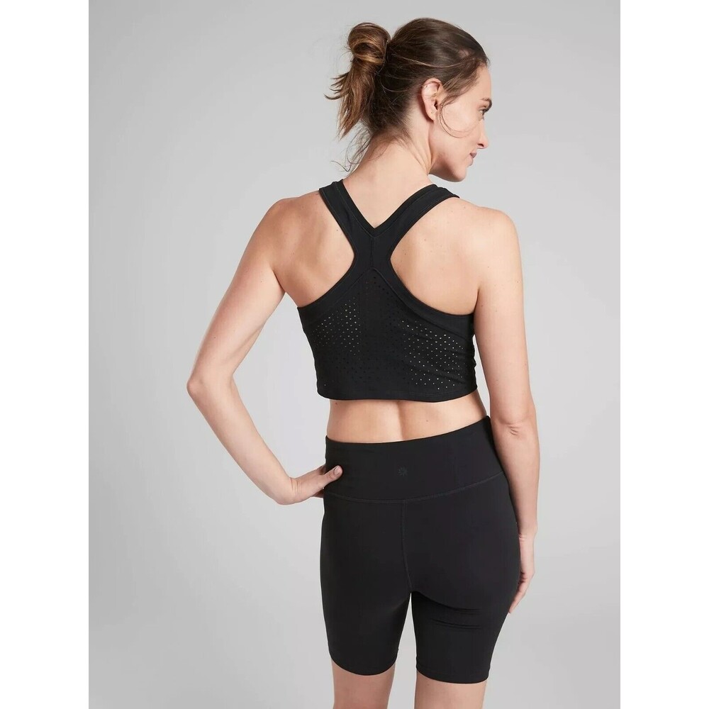 ATHLETA Shanti Long Line Tank S Black Cropped Top Mesh Back Athletic EUC A1